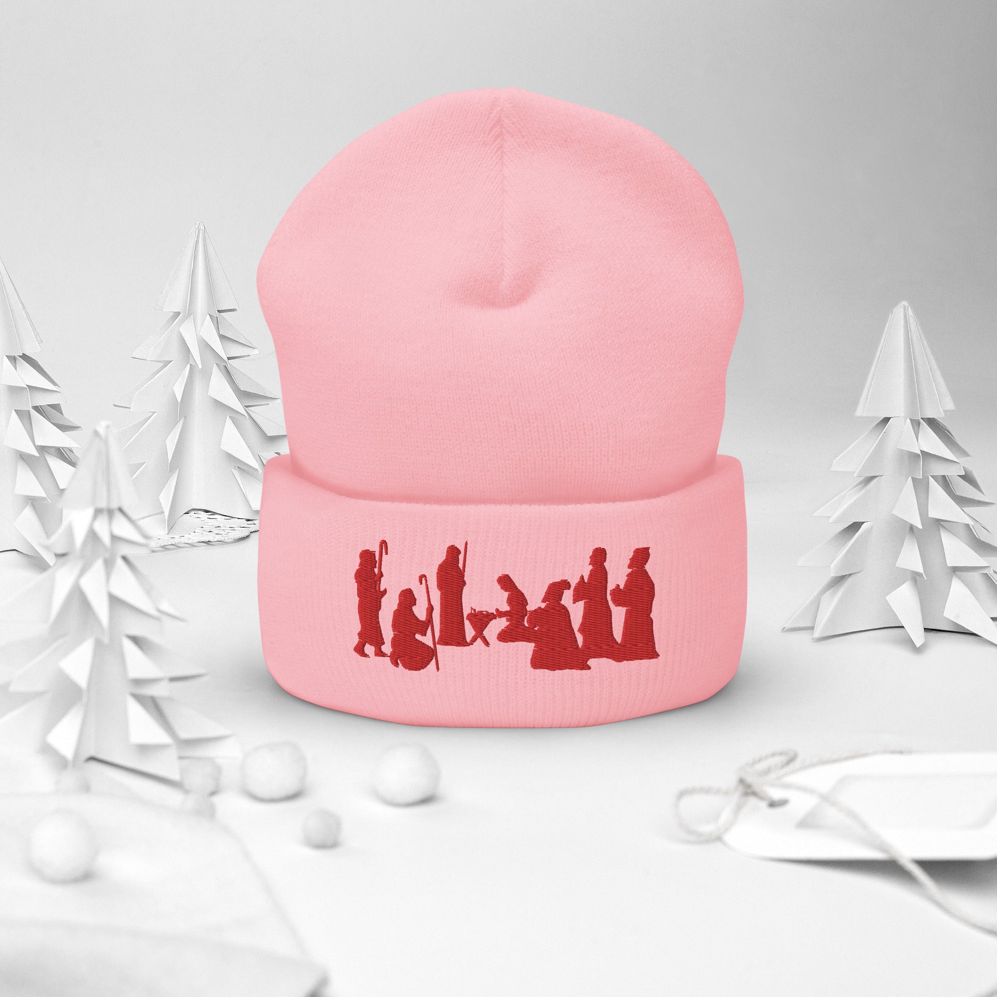 Pink Nativity Beanie with Red Embroidery