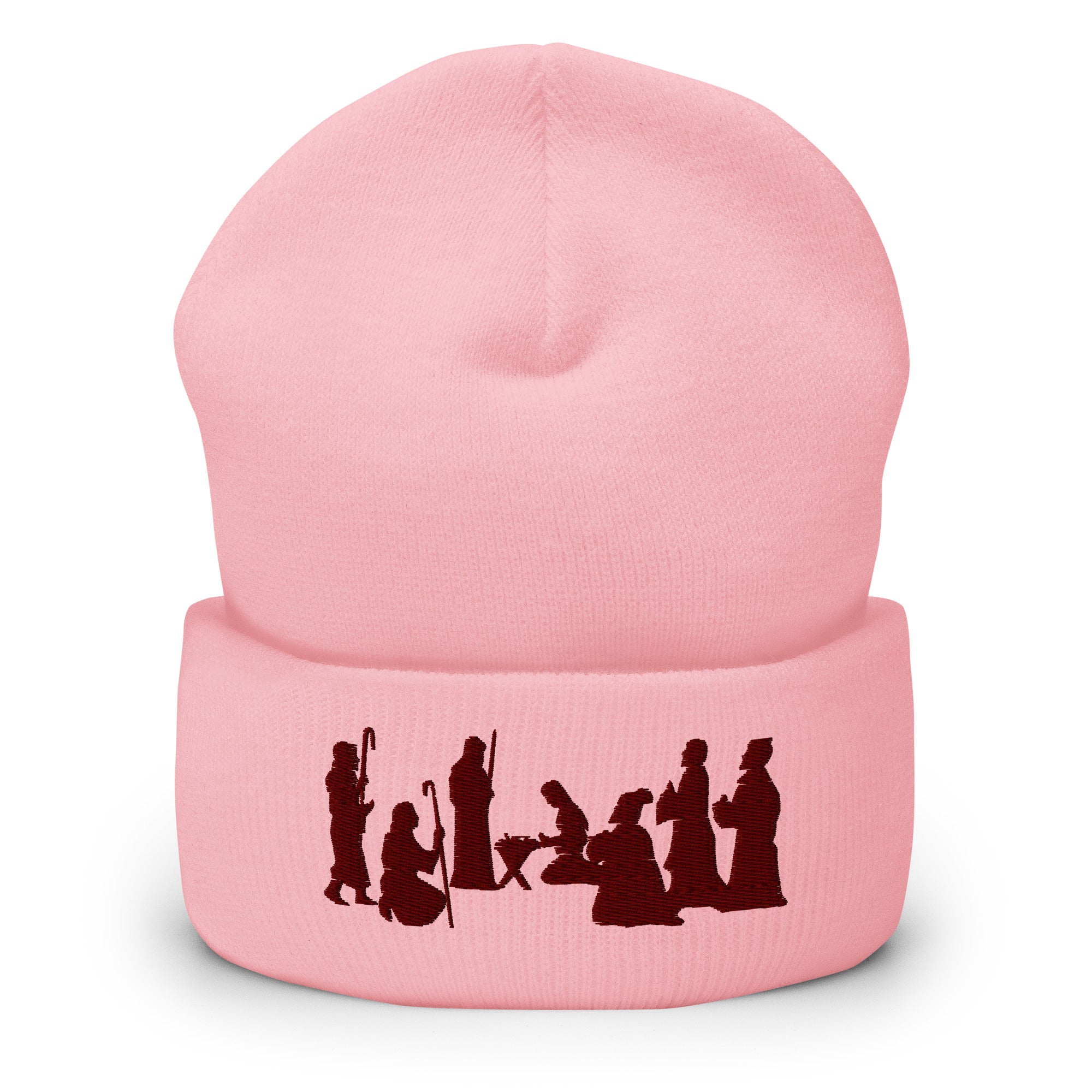 Pink Nativity Beanie with Maroon Embroidery