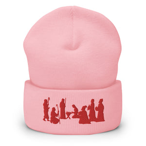 Pink Nativity Beanie with Red Embroidery