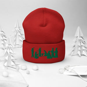 Red Nativity Beanie with Green Embroidery