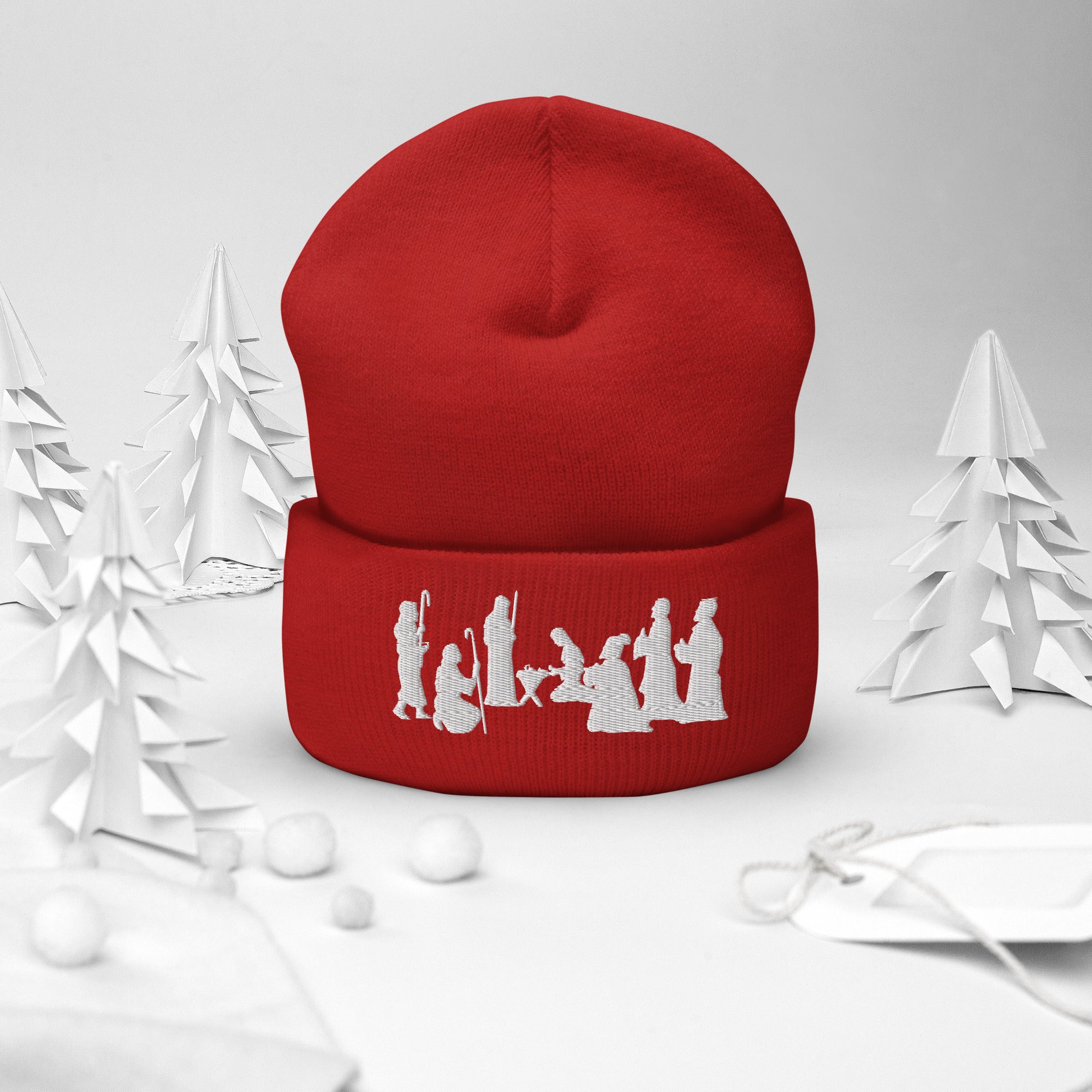 Red Nativity Beanie with White Embroidery