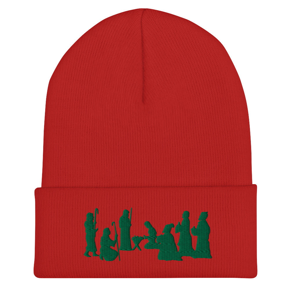 Red Nativity Beanie with Green Embroidery