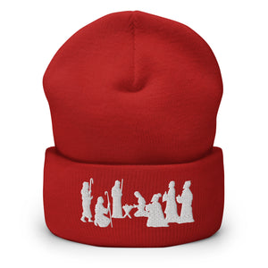 Red Nativity Beanie with White Embroidery