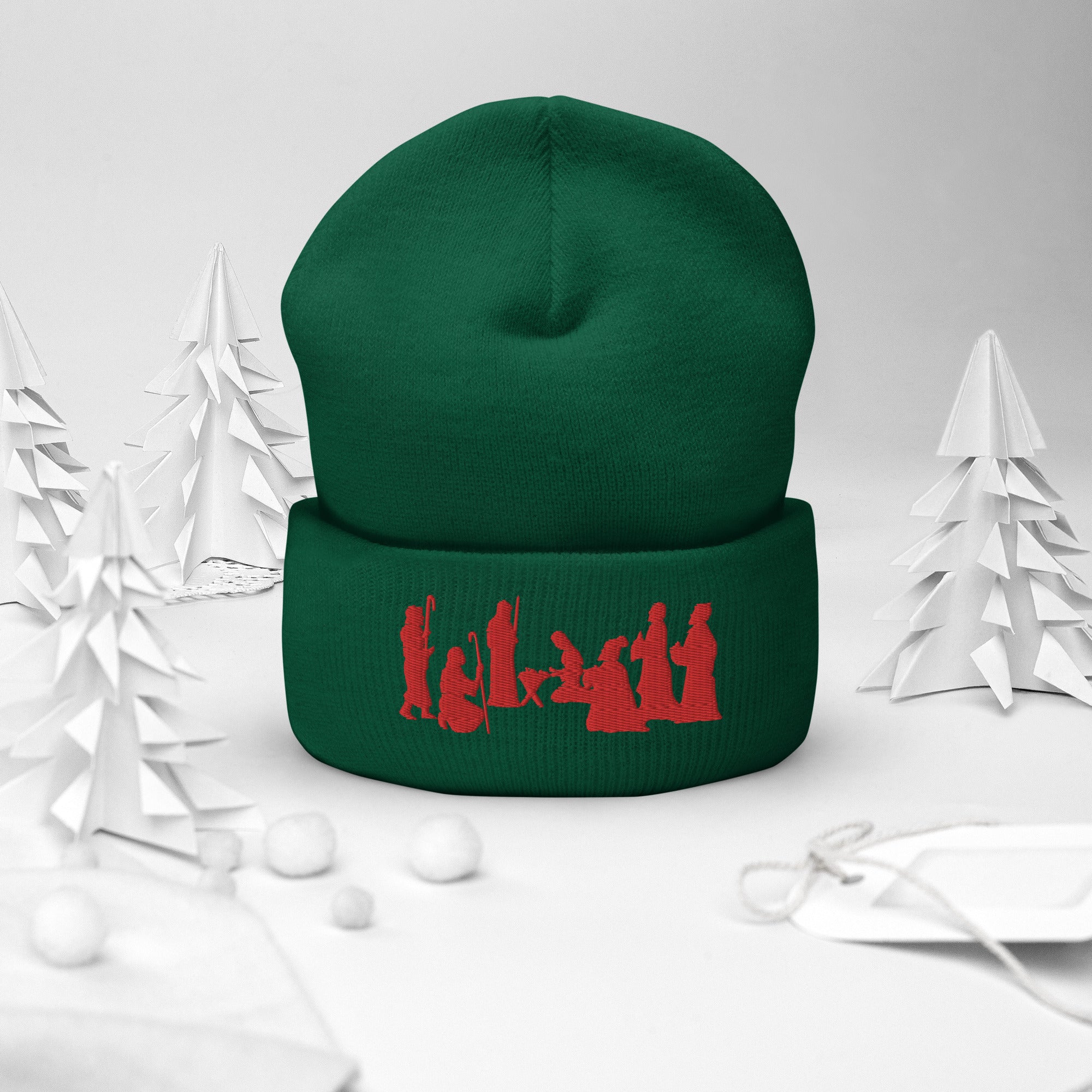 Green Nativity Beanie with Red Embroidery