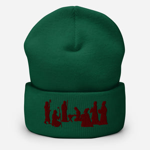 Green Nativity Beanie with Maroon Embroidery