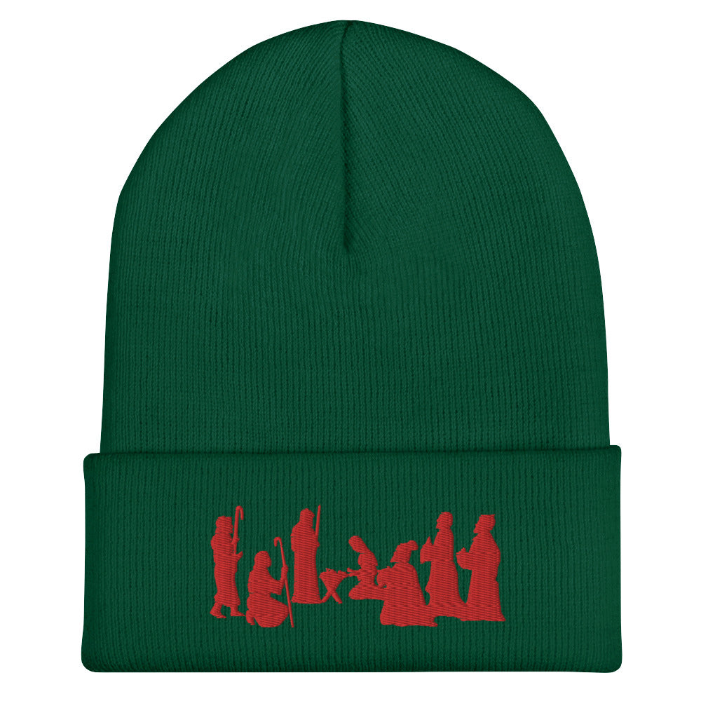 Green Nativity Beanie with Red Embroidery