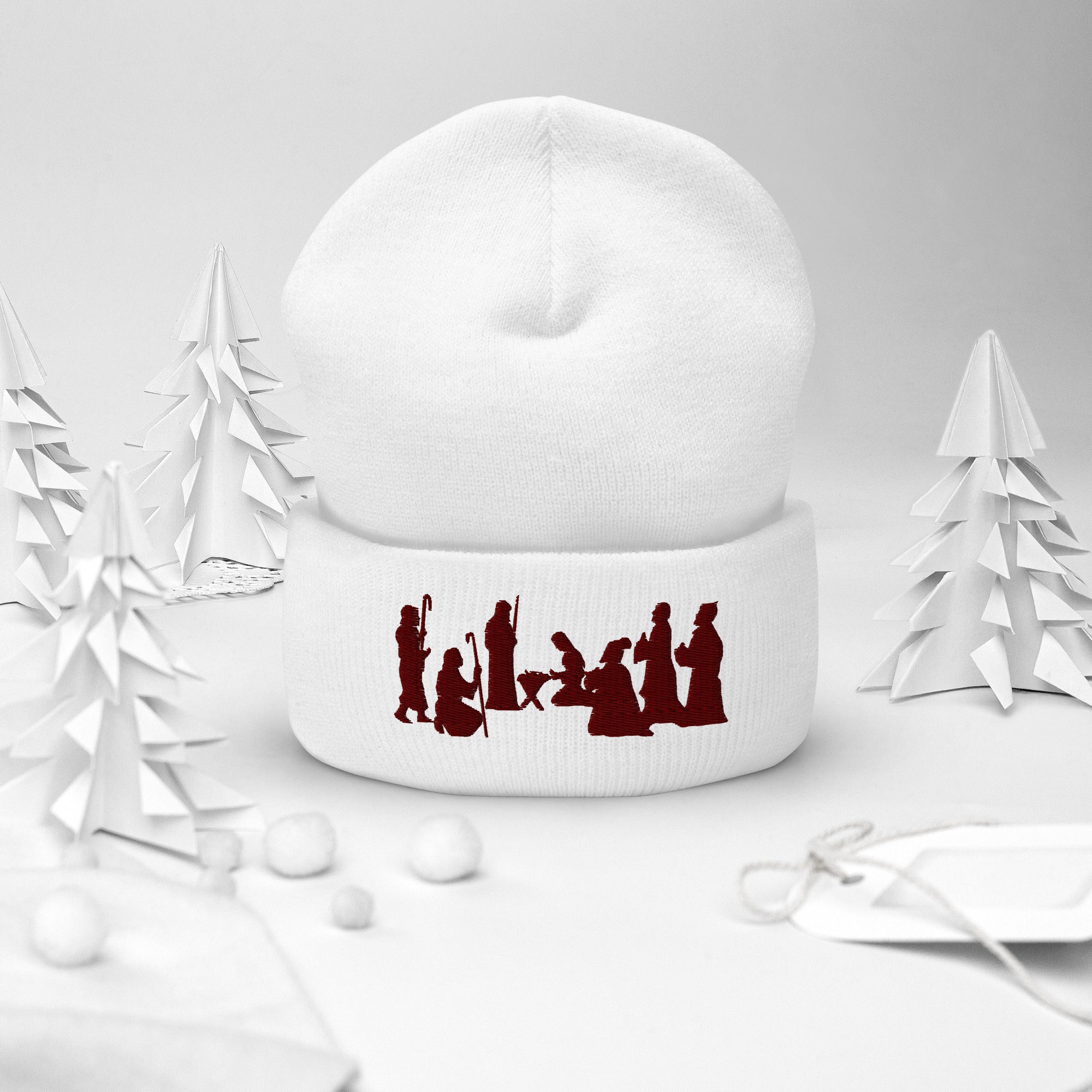 White Nativity Beanie with Maroon Embroidery