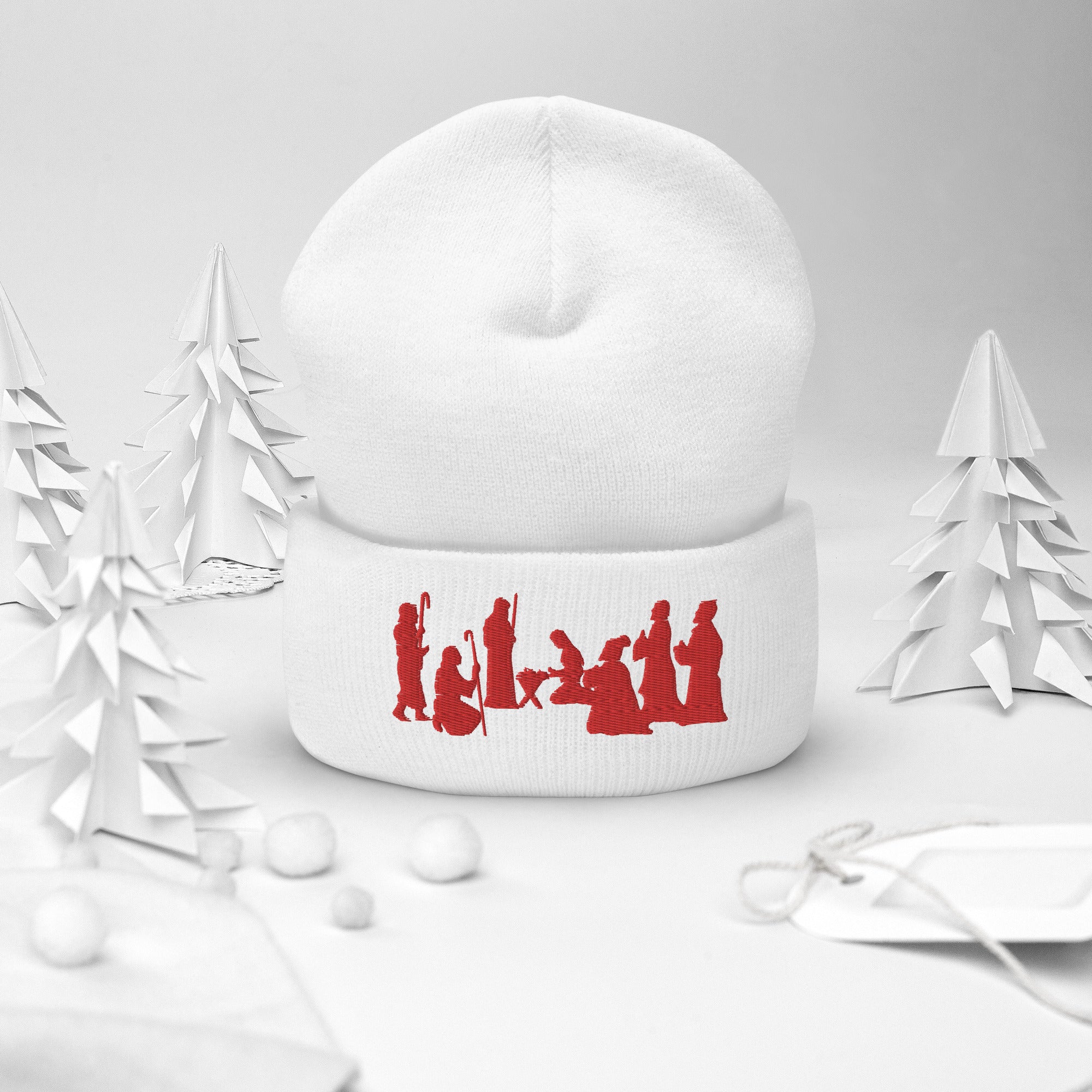 White Nativity Beanie with Red Embroidery