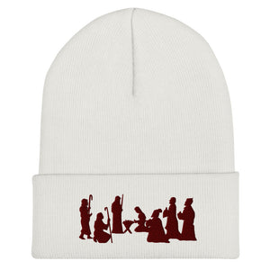 White Nativity Beanie with Maroon Embroidery