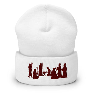 White Nativity Beanie with Maroon Embroidery