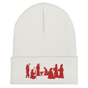 White Nativity Beanie with Red Embroidery