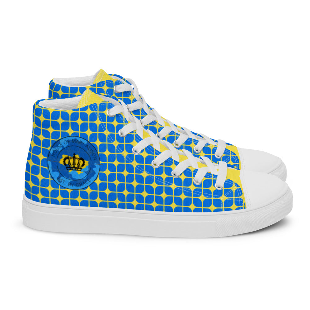 Peace for Ukraine- Blue and Yellow Geometric Patterned-Women’s high top canvas shoes